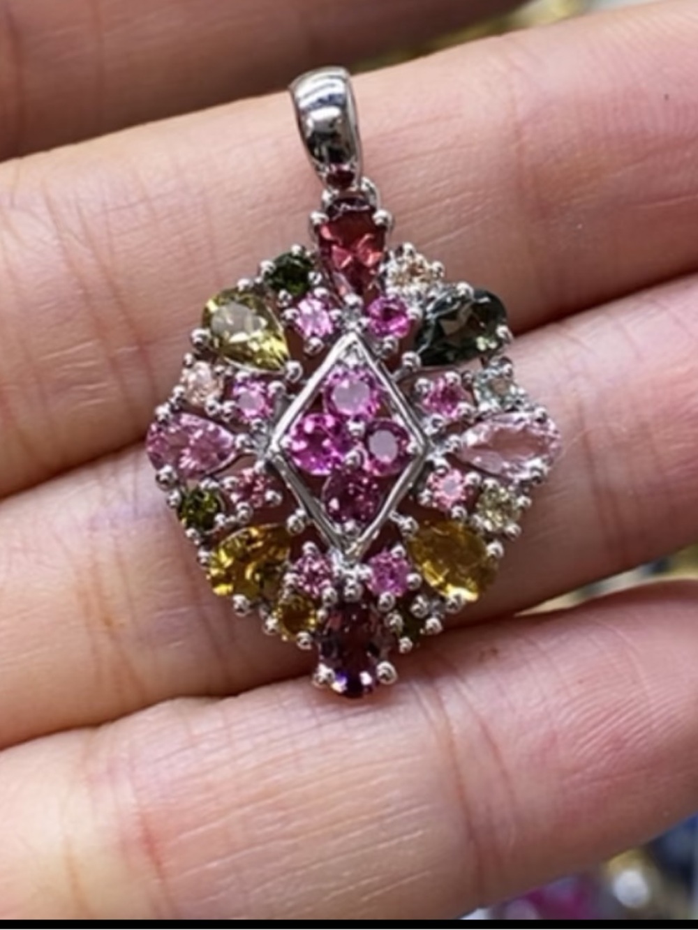 Natural Multi-Color Tourmaline Diamond Shape 925 Sterling Silver Pendant